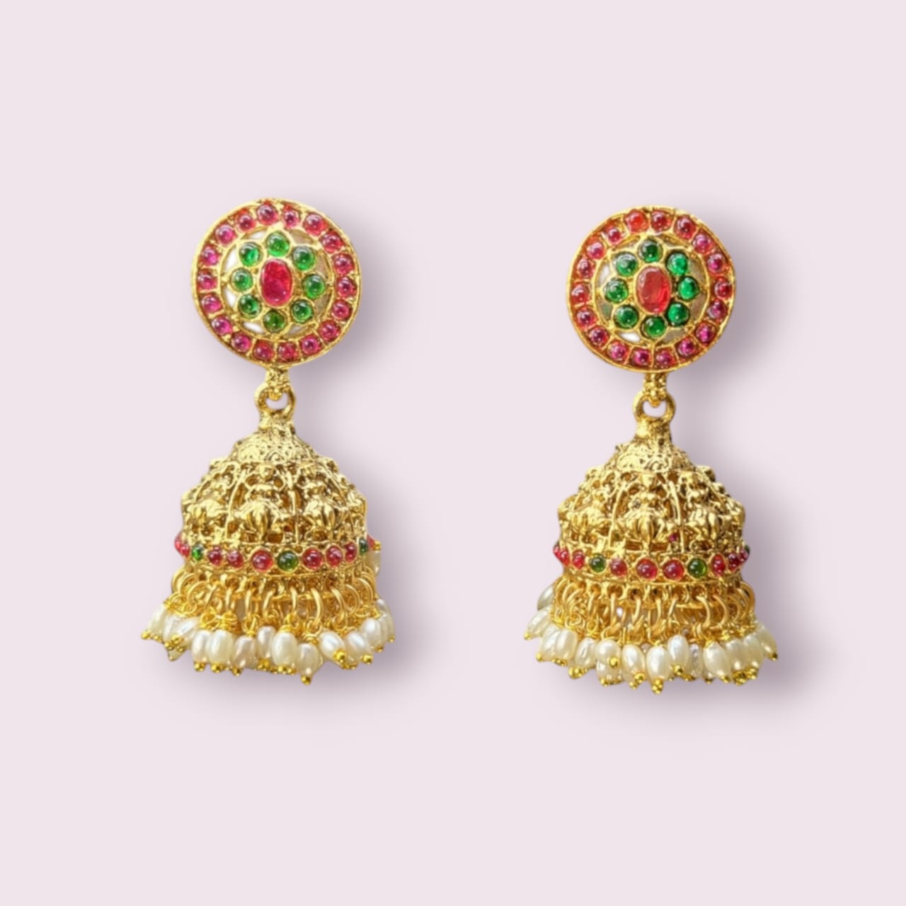 MIDAM™ Pink & Green Beaded Gold Plated Antique Jhumkas