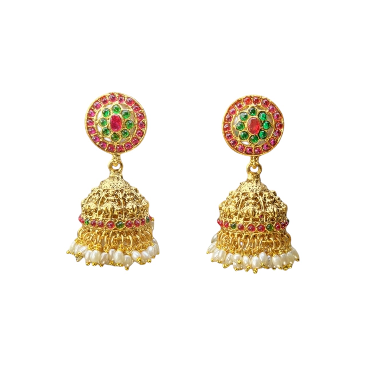 MIDAM™ Pink & Green Beaded Gold Plated Antique Jhumkas