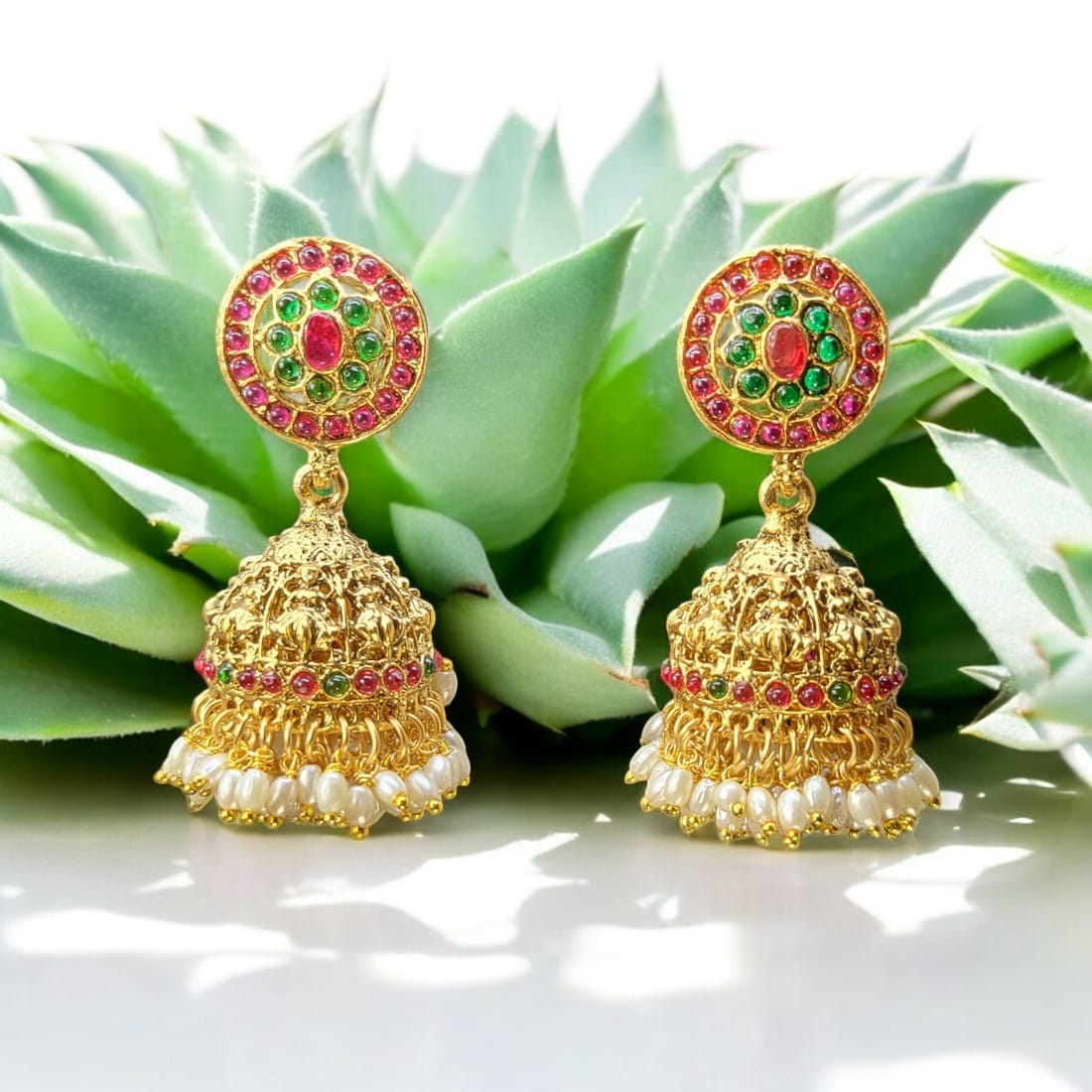MIDAM™ Pink & Green Beaded Gold Plated Antique Jhumkas
