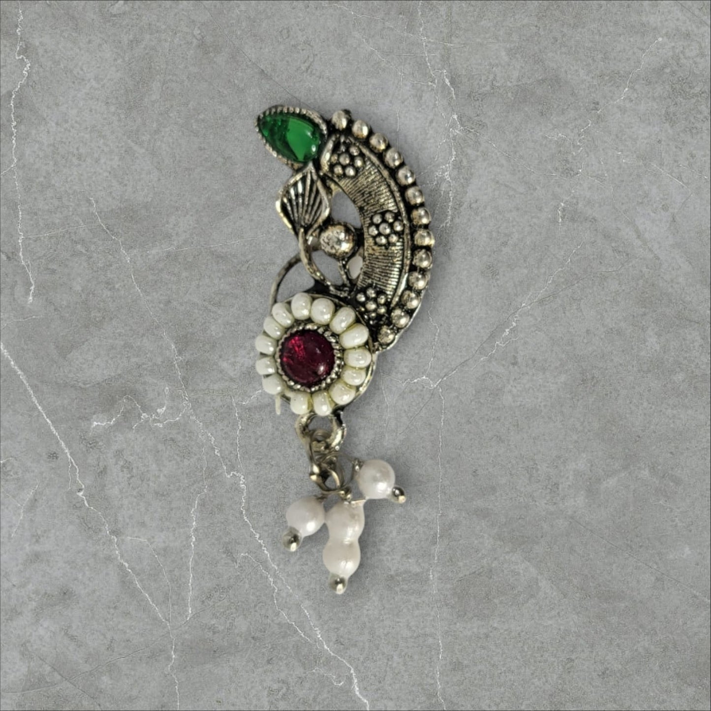 MIDAM™ Red & Green Stone-Studded Silver Oxidized Nose Pin