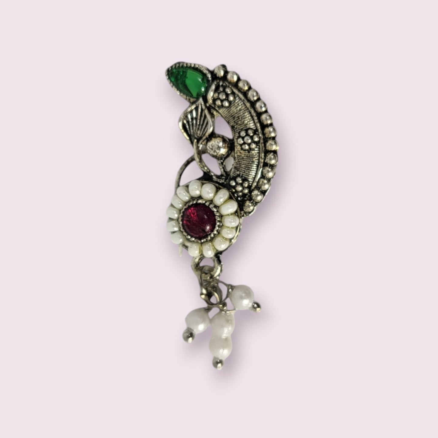 MIDAM™ Red & Green Stone-Studded Silver Oxidized Nose Pin