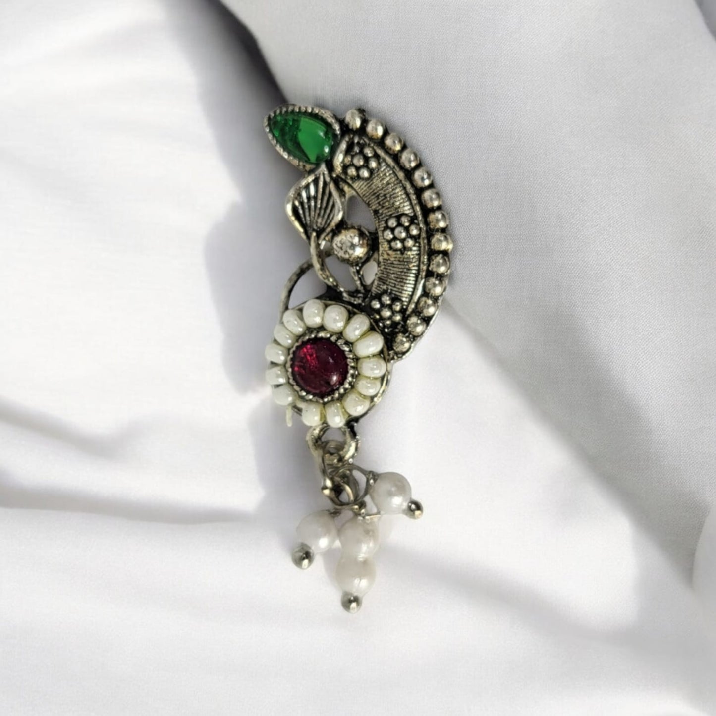 MIDAM™ Red & Green Stone-Studded Silver Oxidized Nose Pin