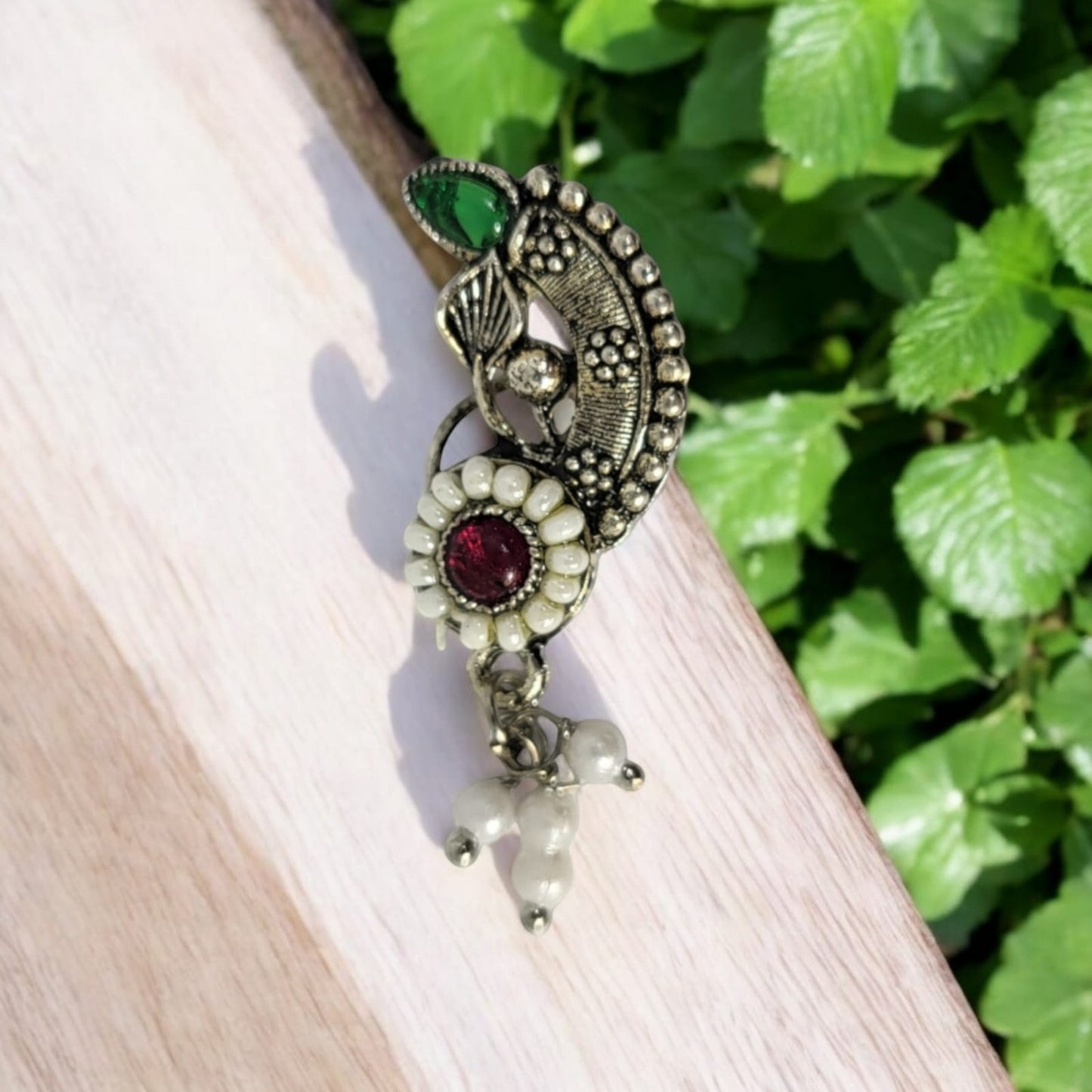 MIDAM™ Red & Green Stone-Studded Silver Oxidized Nose Pin