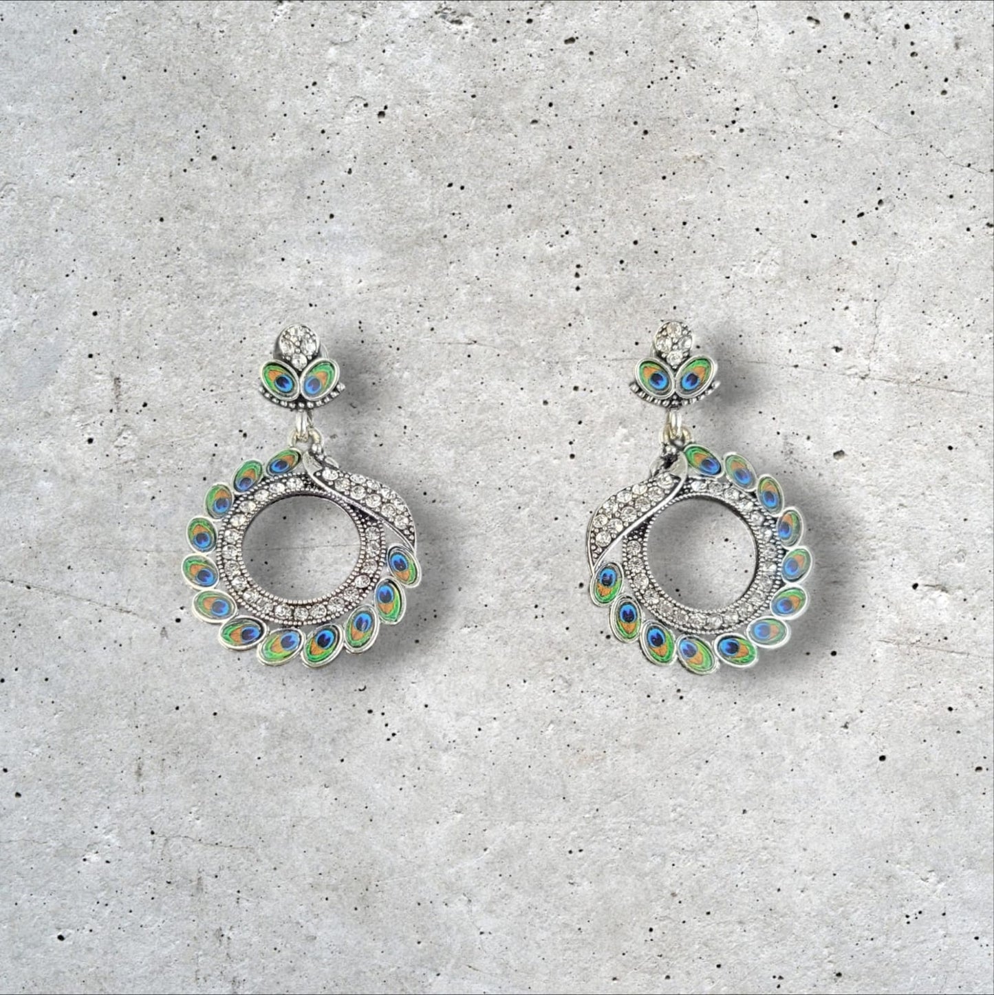 MIDAM™ Silver-toned AD Studded Circular Peacock Shaped Drop Earrings