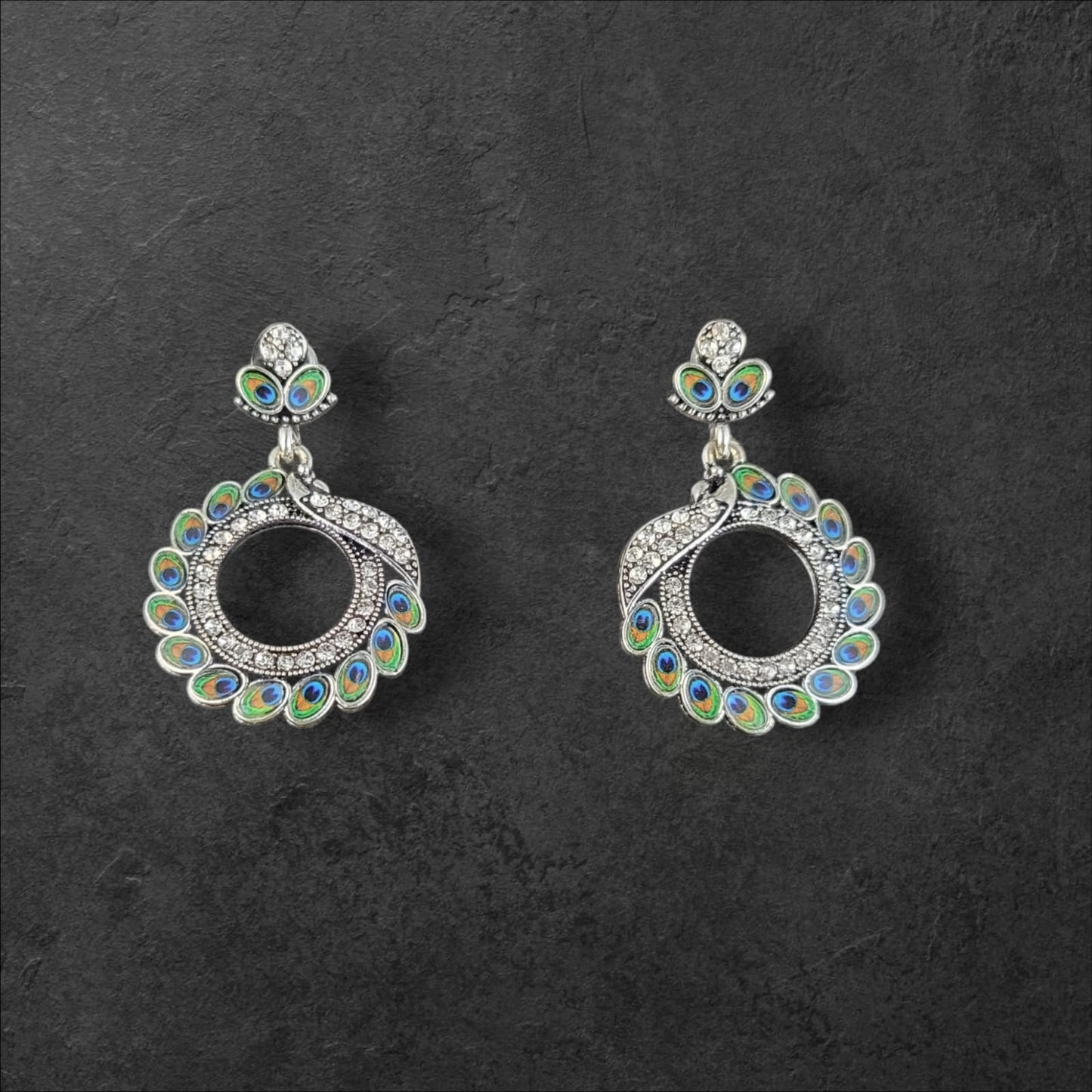 MIDAM™ Silver-toned AD Studded Circular Peacock Shaped Drop Earrings