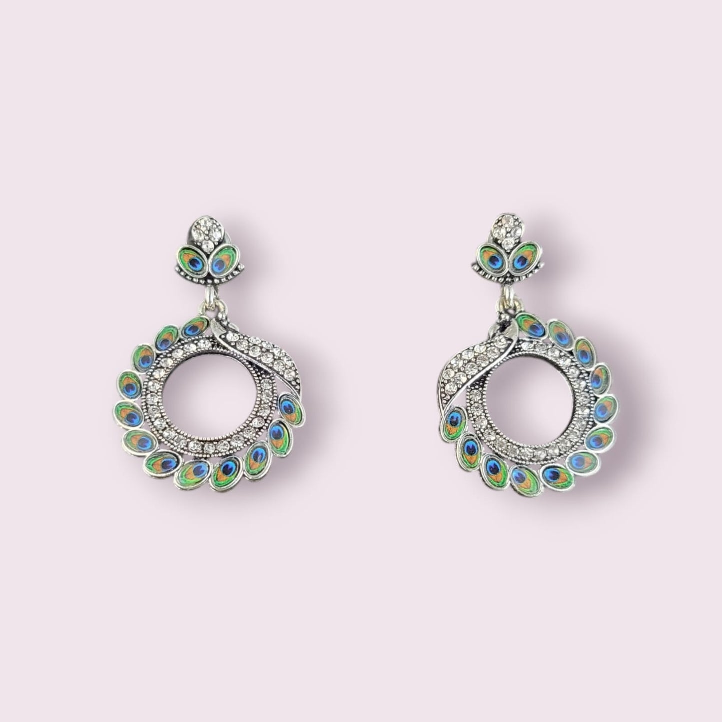 MIDAM™ Silver-toned AD Studded Circular Peacock Shaped Drop Earrings