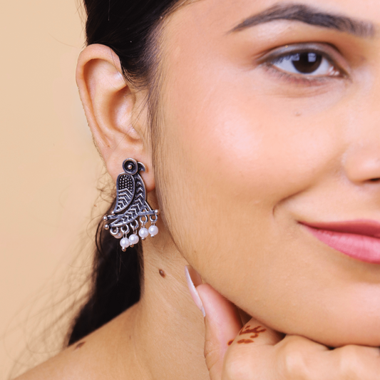 MIDAM™ German Oxidized Silver White Beaded Parrot Studs Earrings