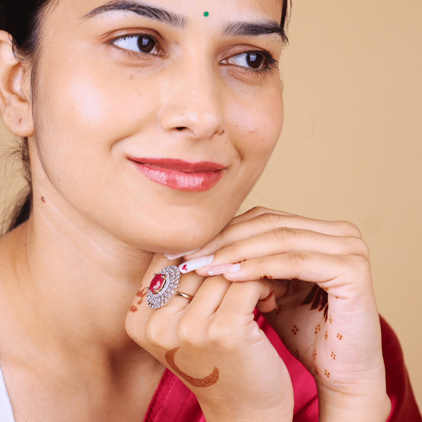 MIDAM™ Gold Toned American Diamond Studded Red Zirconia Finger Ring