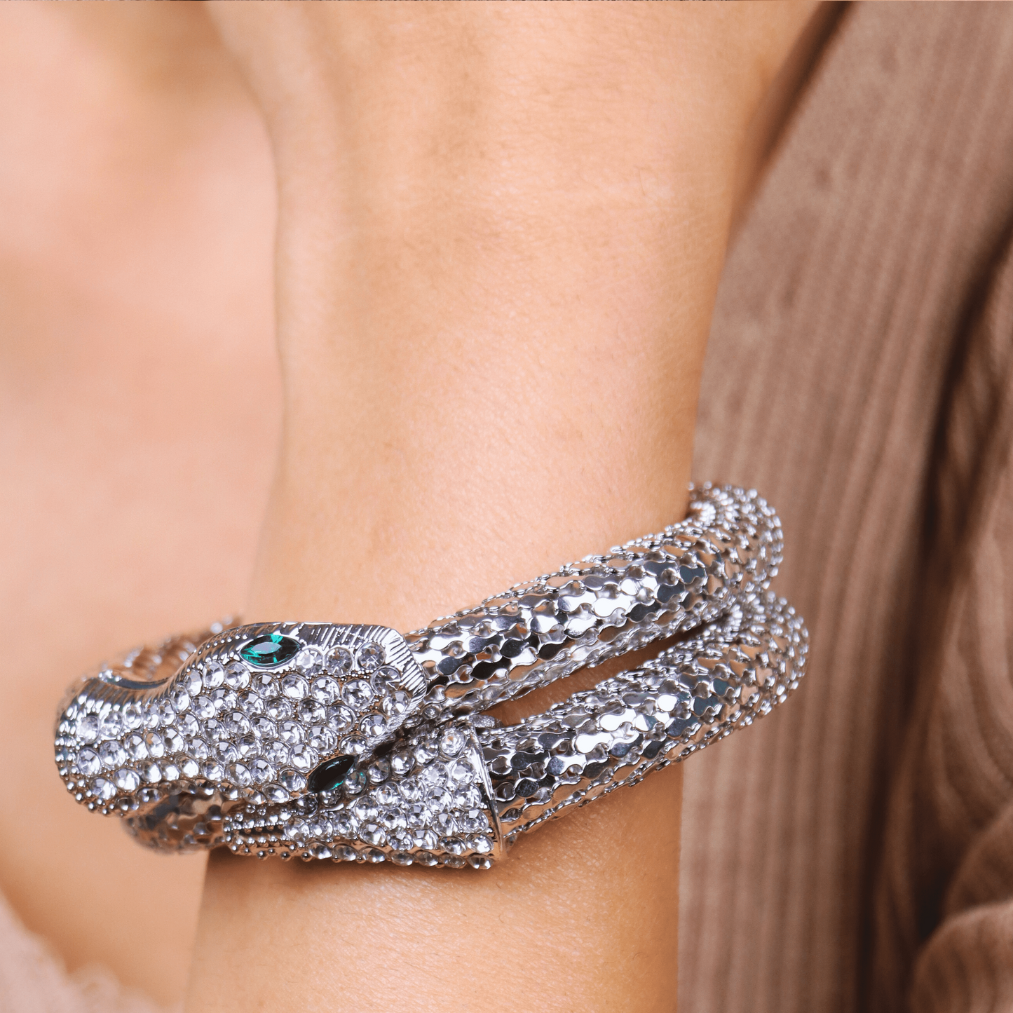 MIDAM™ Silver-Toned American Diamond Studded Wraparound Snake Design Bracelet