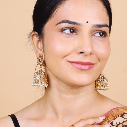 MIDAM™ Gold Plated Peacock Temple Jhumkas