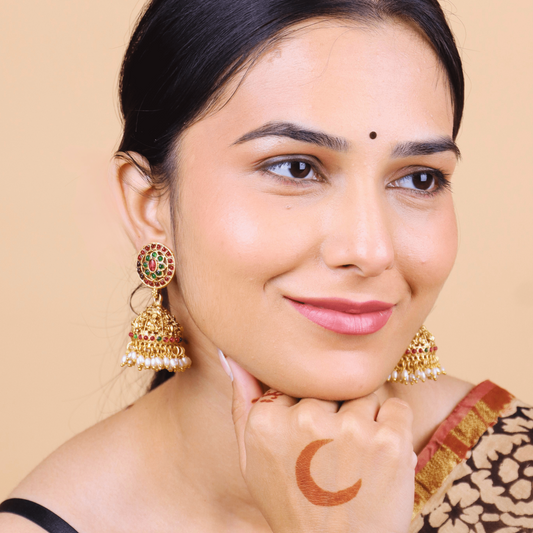 MIDAM™ Pink & Green Beaded Gold Plated Antique Jhumkas