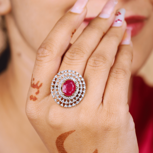 MIDAM™ Gold Toned American Diamond Studded Red Zirconia Finger Ring