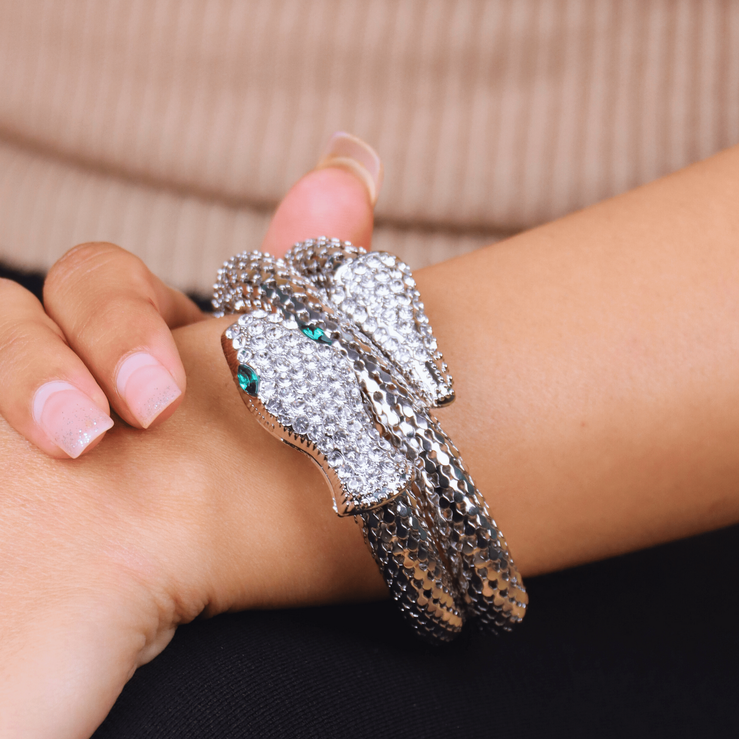 MIDAM™ Silver-Toned American Diamond Studded Wraparound Snake Design Bracelet