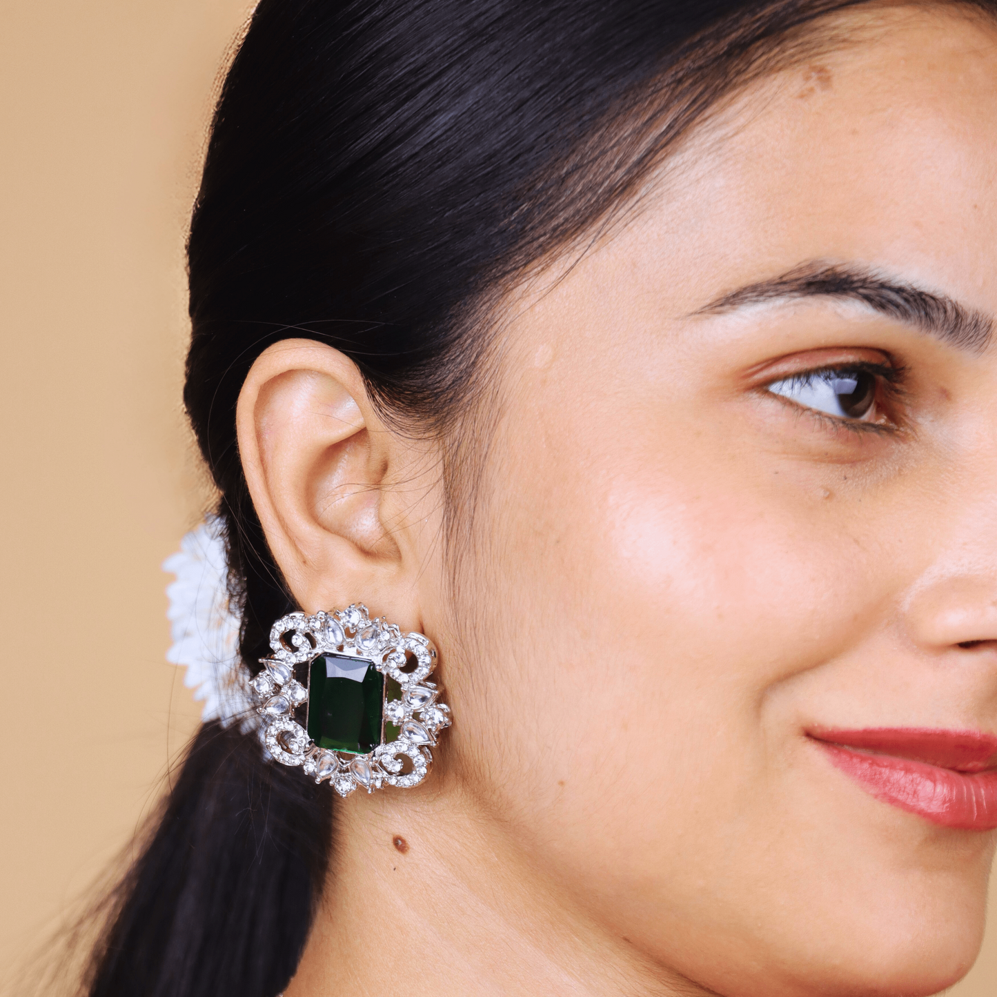 MIDAM™ Silver-Toned American Diamond Studded Green Cubic Zirconia Premium Jewellery Set