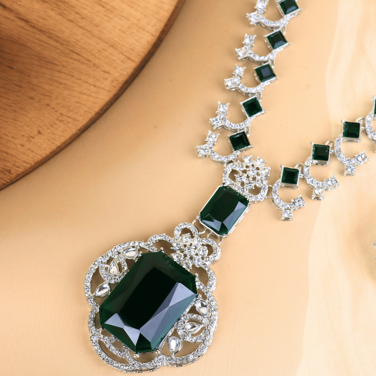 MIDAM™ Silver-Toned American Diamond Studded Green Cubic Zirconia Premium Jewellery Set