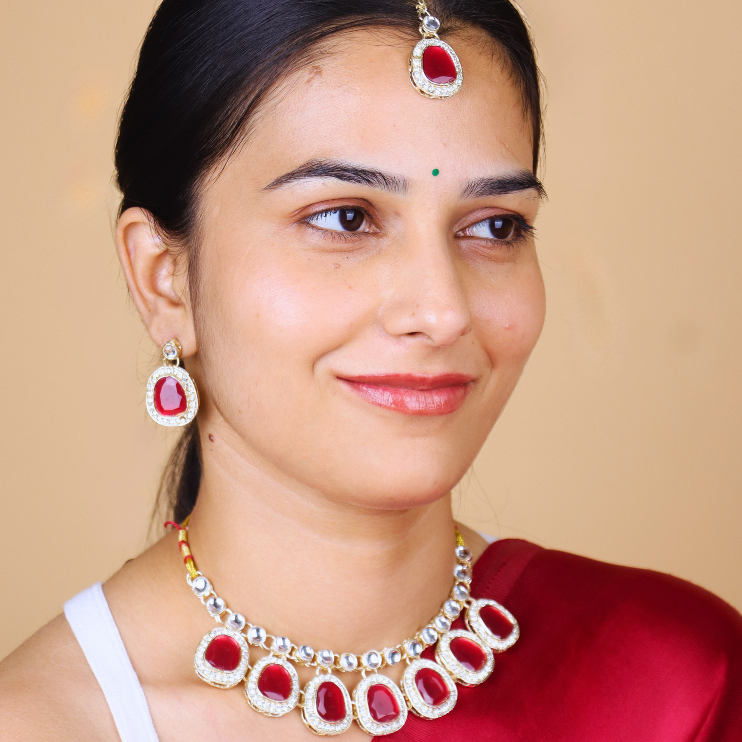 MIDAM™ Gold-Toned American Diamond Studded Red Cubic Zirconia Premium Jewellery Set