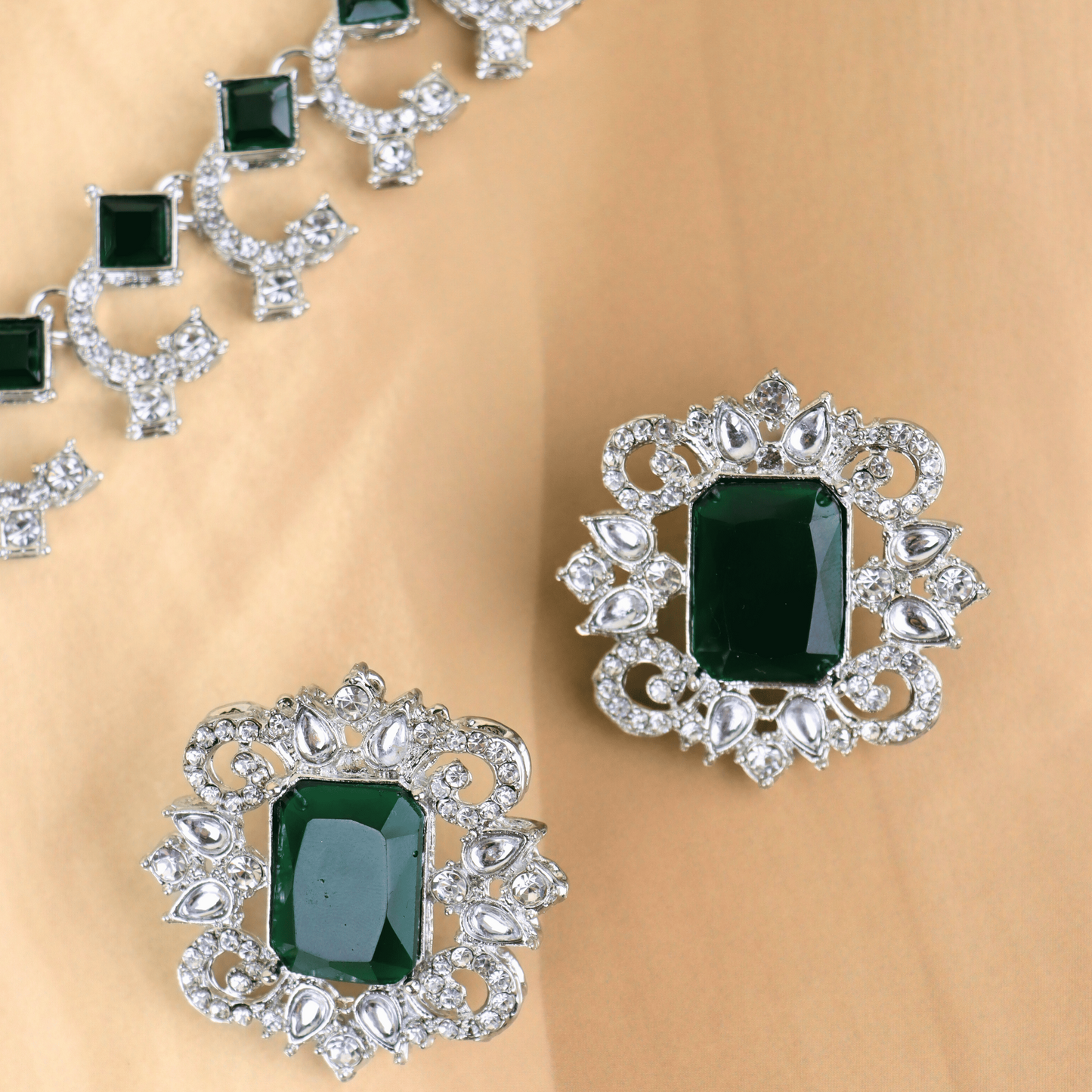 MIDAM™ Silver-Toned American Diamond Studded Green Cubic Zirconia Premium Jewellery Set