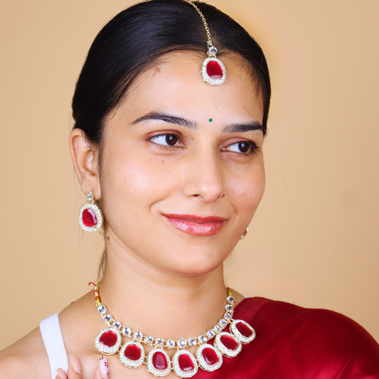 MIDAM™ Gold-Toned American Diamond Studded Red Cubic Zirconia Premium Jewellery Set