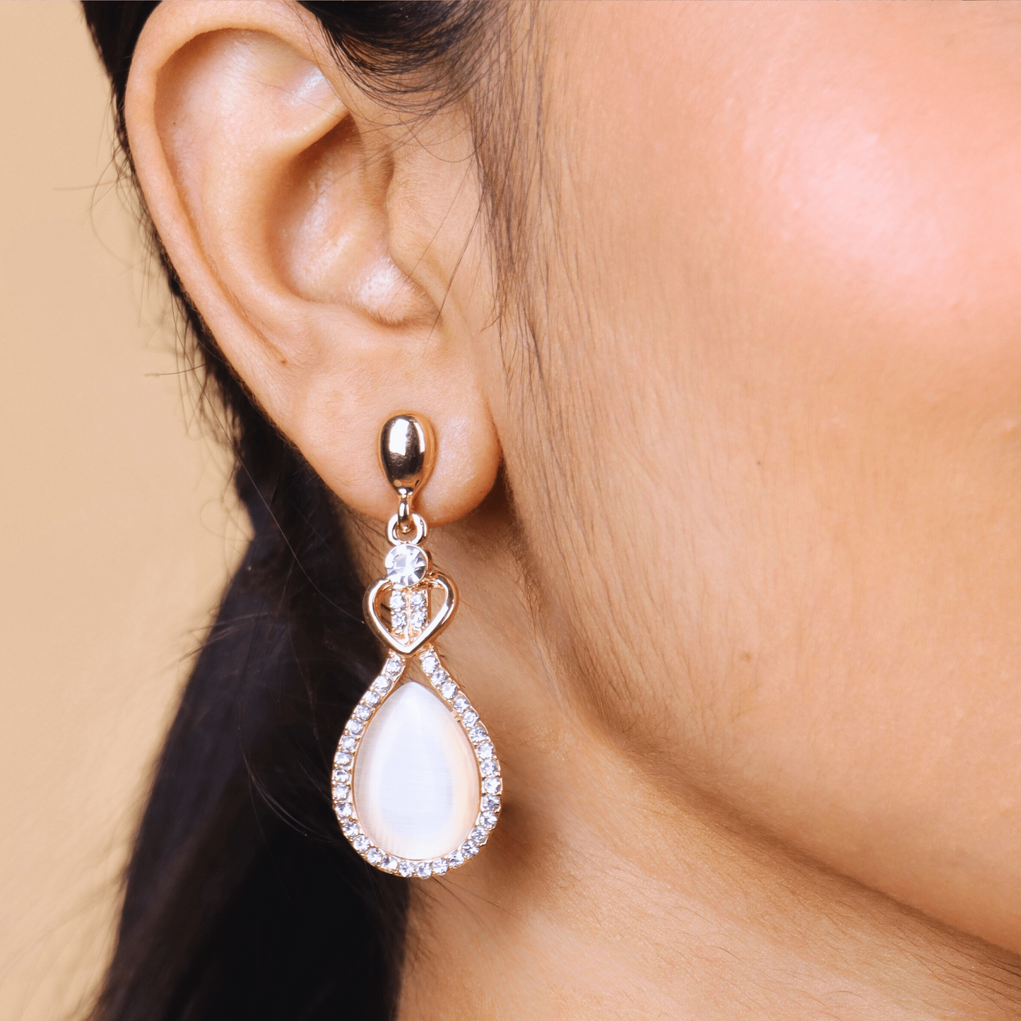 MIDAM™ Gold-Plated American Diamond Studded Heart & Water Drop Shaped Drop Earrings