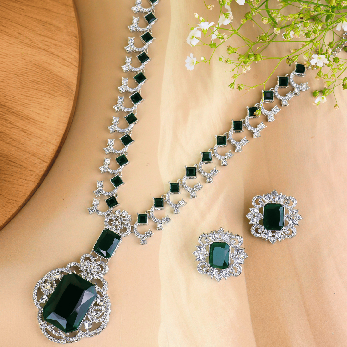 MIDAM™ Silver-Toned American Diamond Studded Green Cubic Zirconia Premium Jewellery Set