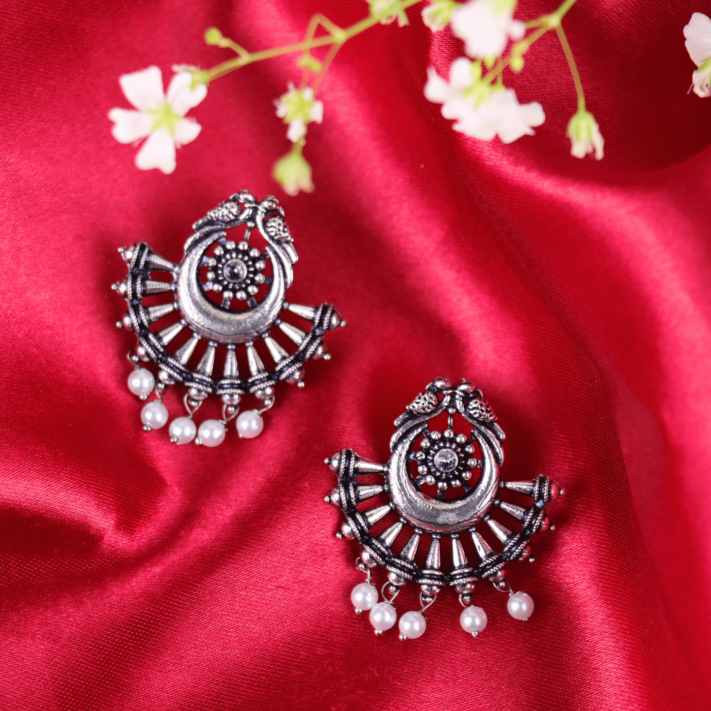 MIDAM™ German Oxidized Silver White Beaded Love Birds Contemporary Stud Earrings