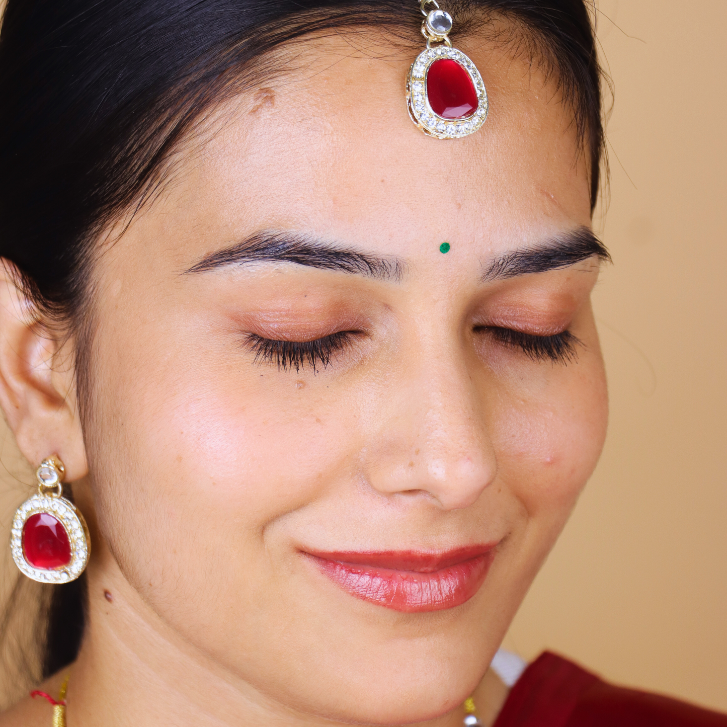 MIDAM™ Gold-Toned American Diamond Studded Red Cubic Zirconia Premium Jewellery Set