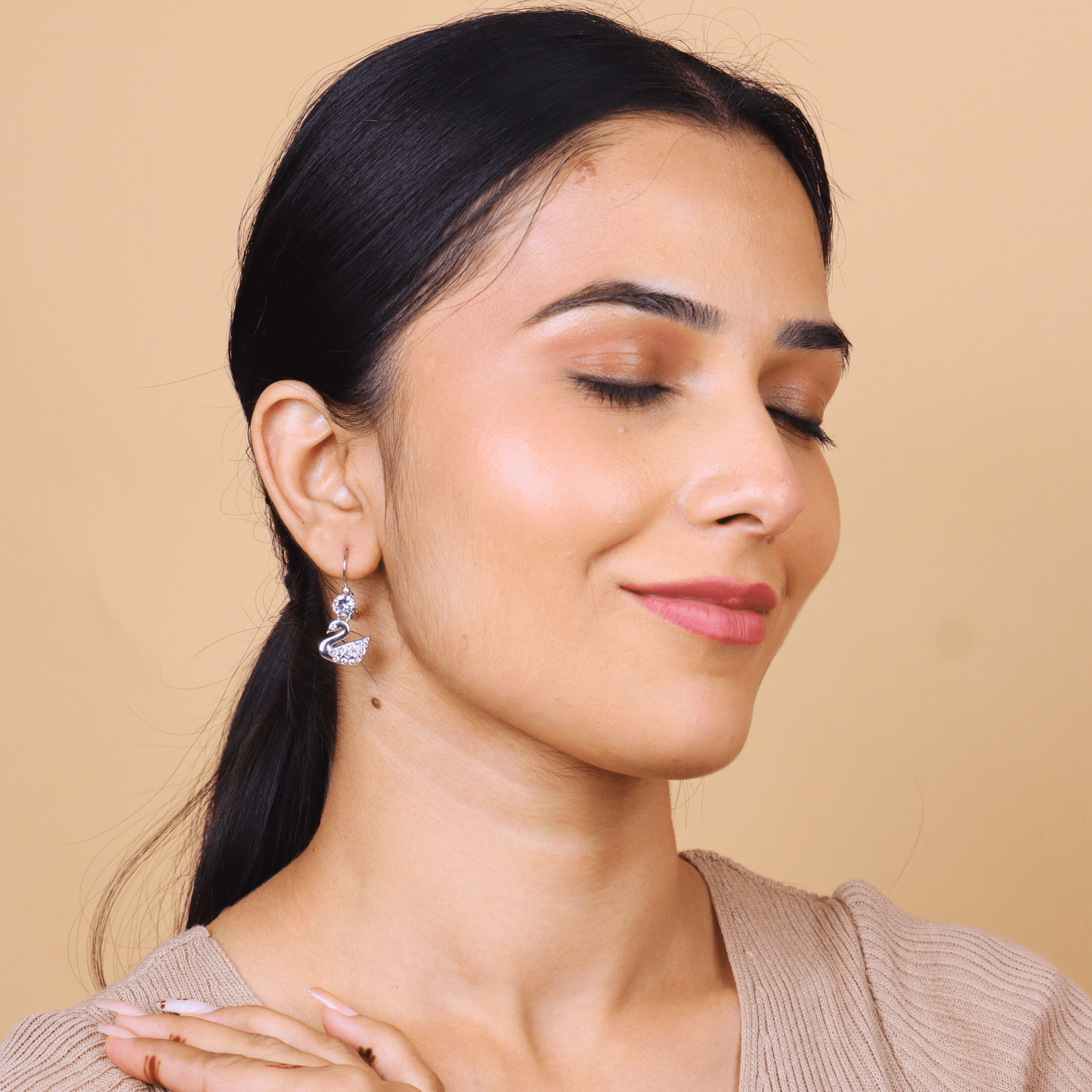 MIDAM™ Silver-Plated Zircon Studded Swan Drop Earrings