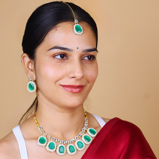 MIDAM™ Gold-Toned American Diamond Studded Green Cubic Zirconia Premium Jewellery Set
