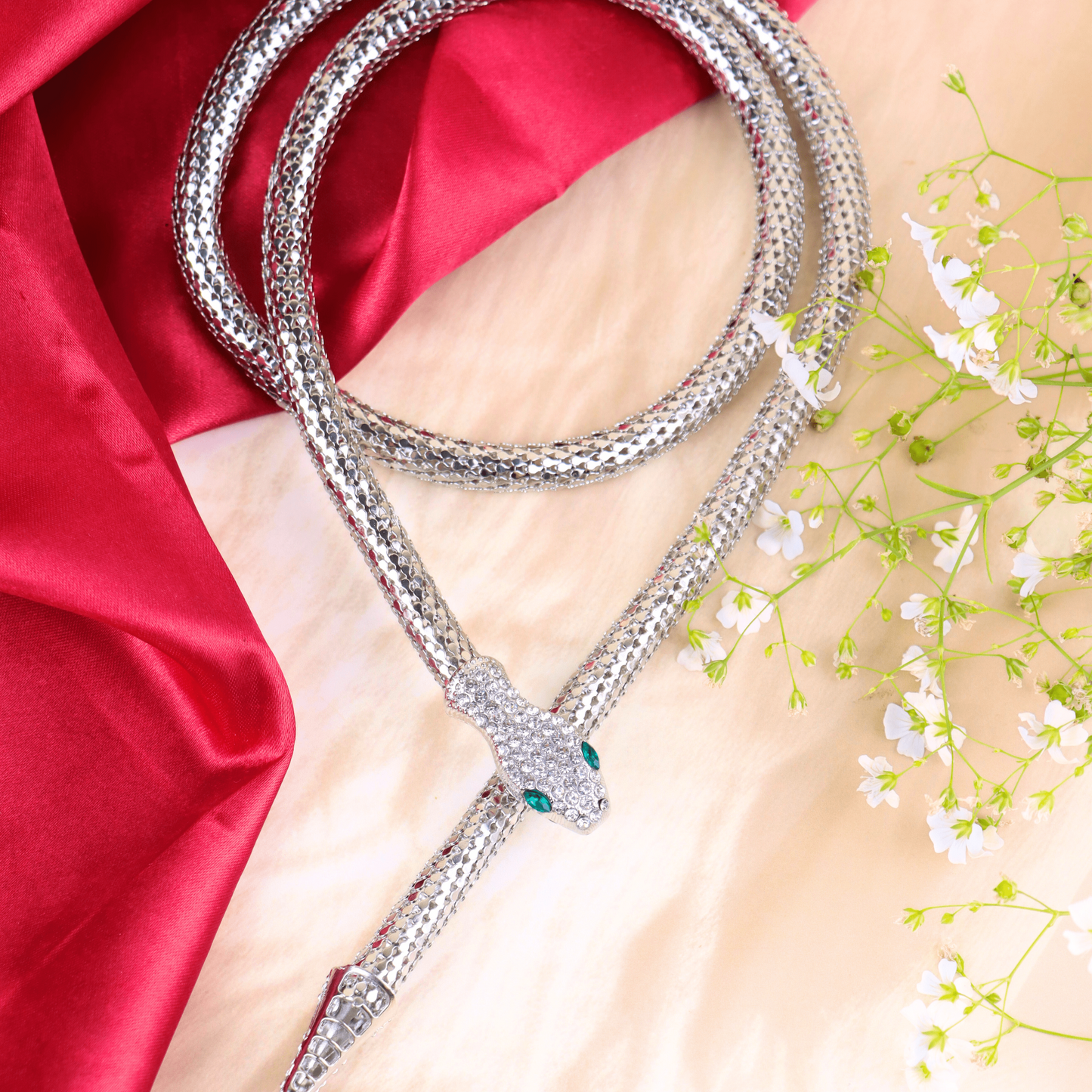 MIDAM™ Silver-Toned American Diamond Studded Wraparound Snake Design Necklace