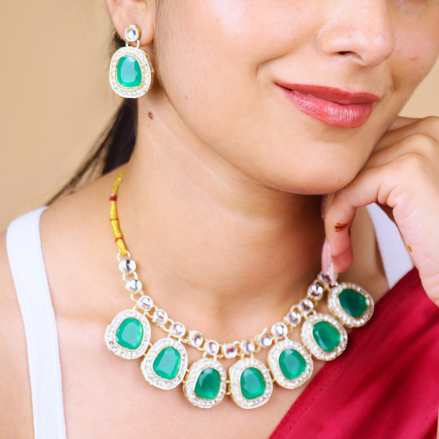 MIDAM™ Gold-Toned American Diamond Studded Green Cubic Zirconia Premium Jewellery Set