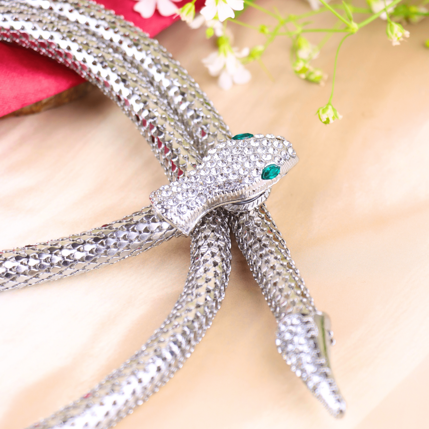 MIDAM™ Silver-Toned American Diamond Studded Wraparound Snake Design Necklace