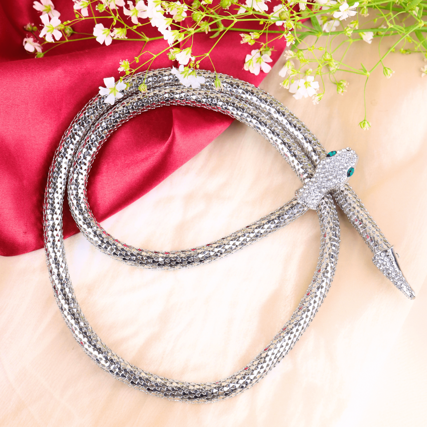 MIDAM™ Silver-Toned American Diamond Studded Wraparound Snake Design Necklace