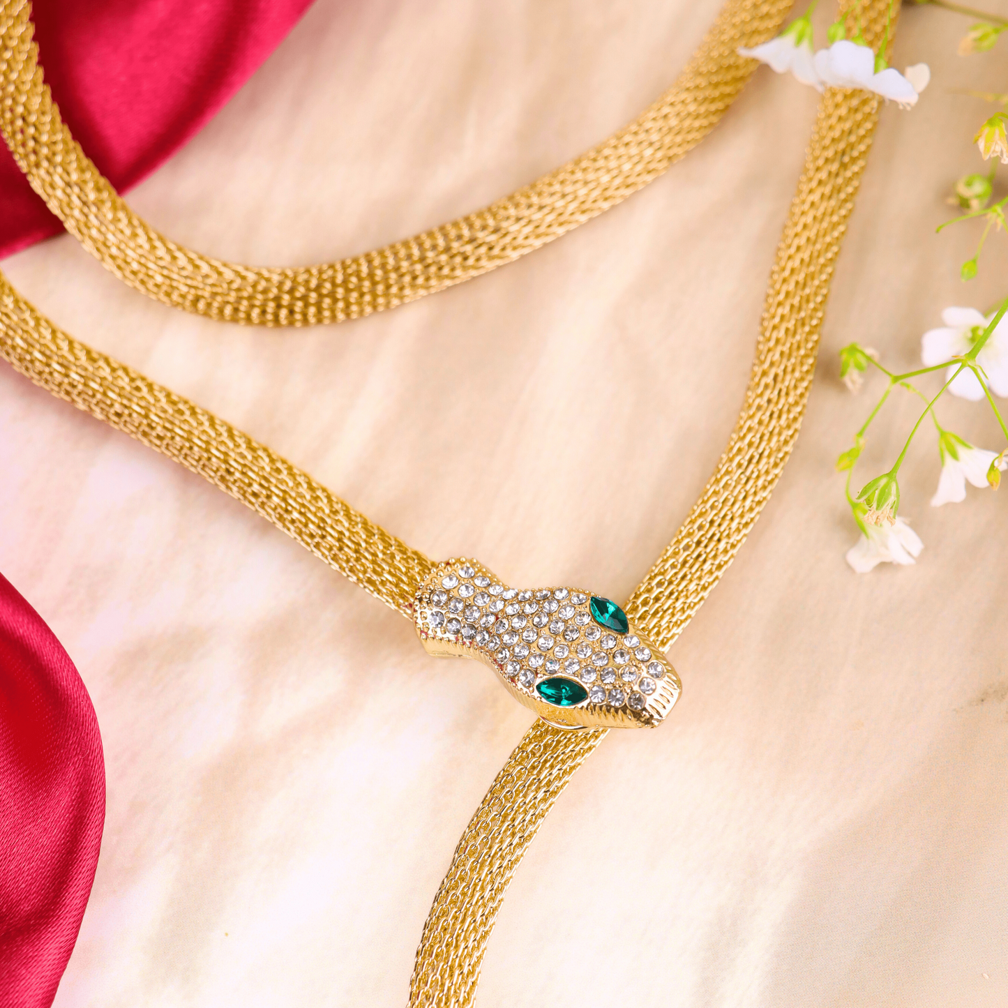 MIDAM™ Gold-Toned American Diamond Studded Wraparound Snake Design Necklace