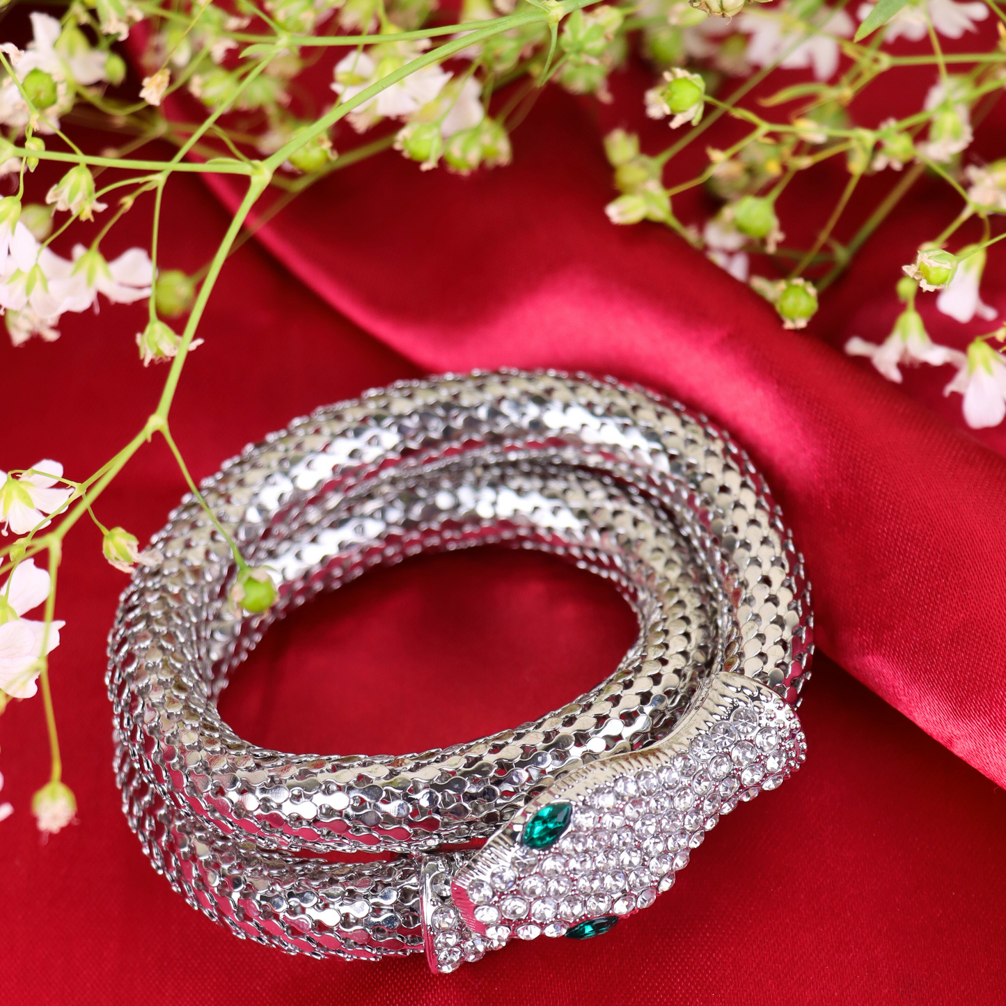 MIDAM™ Silver-Toned American Diamond Studded Wraparound Snake Design Bracelet