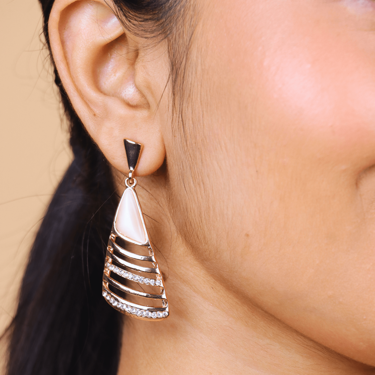 MIDAM™ Gold Plated American Diamond Studded Geometrical Shaped Drop Earrings