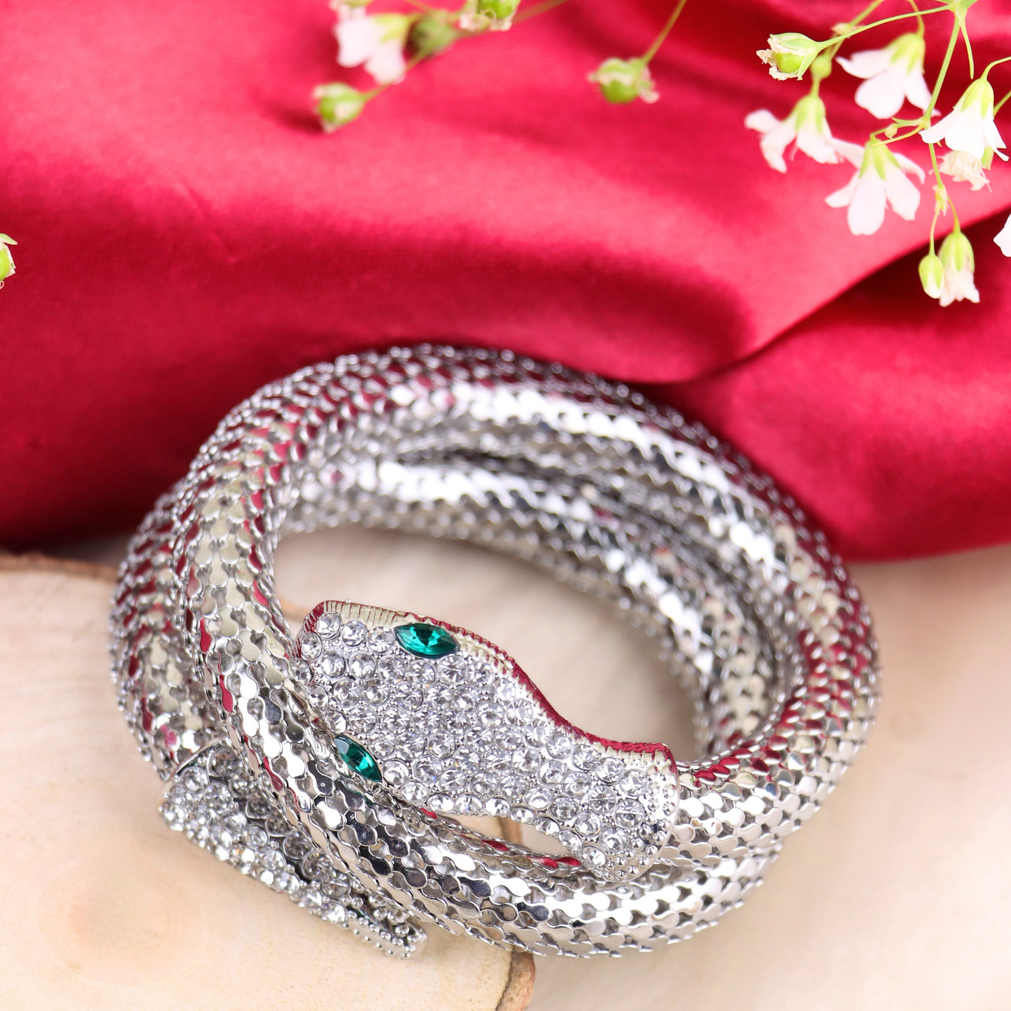 MIDAM™ Silver-Toned American Diamond Studded Wraparound Snake Design Bracelet