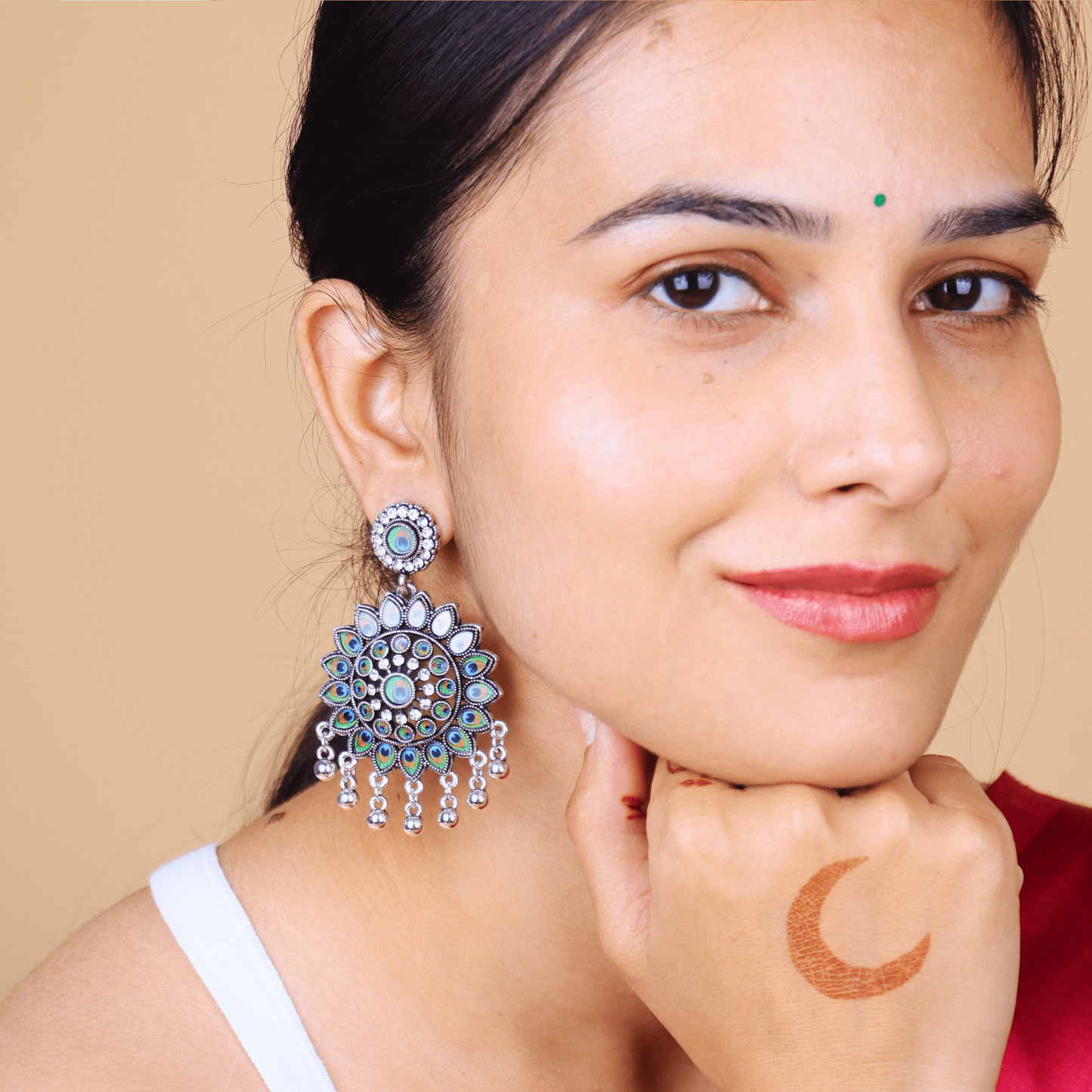 MIDAM™ Silver-Plated Flower-Shaped Peacock Feather Drop Earrings