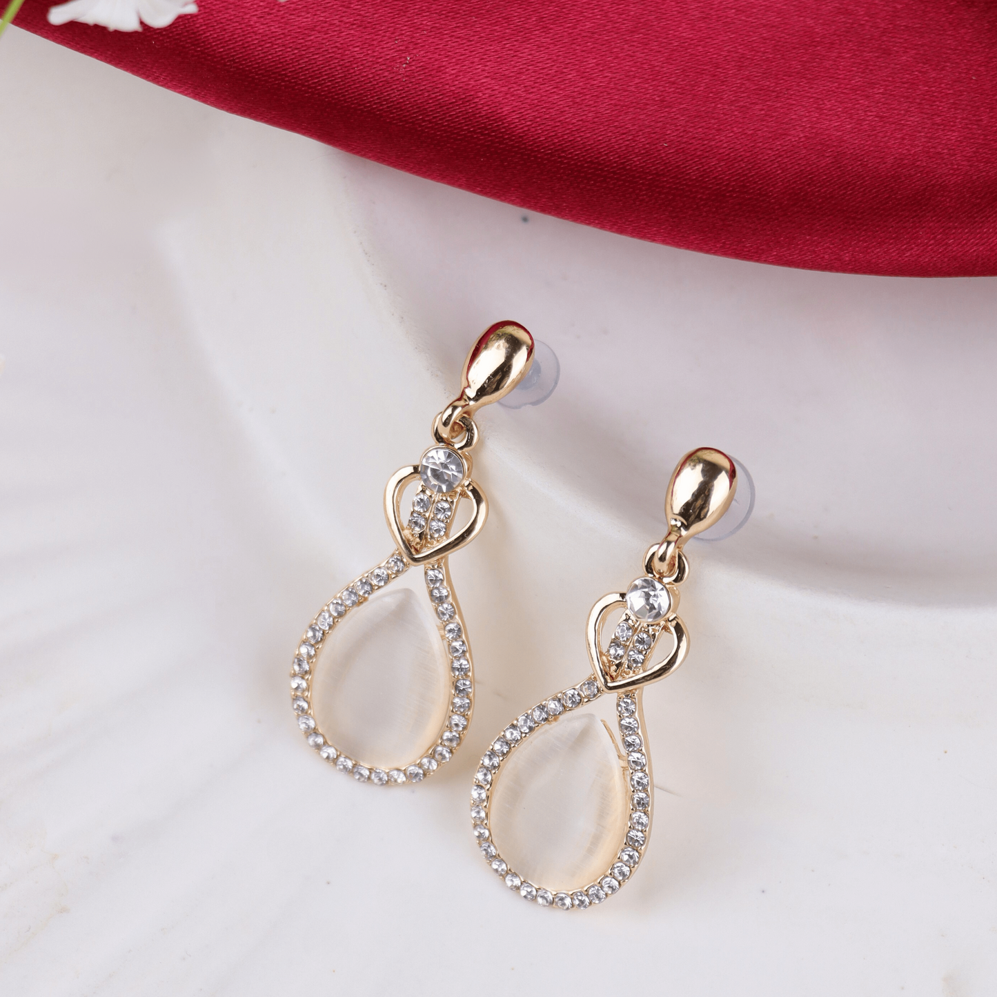 MIDAM™ Gold-Plated American Diamond Studded Heart & Water Drop Shaped Drop Earrings