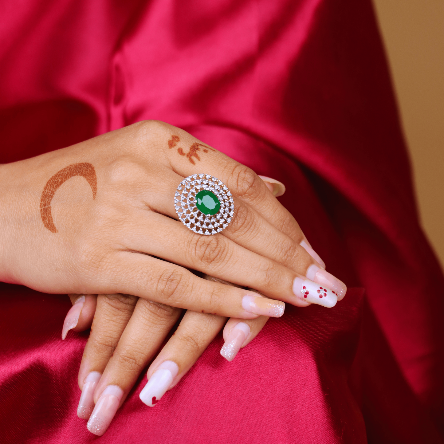 MIDAM™ Gold Toned American Diamond Studded Green Zirconia Finger Ring