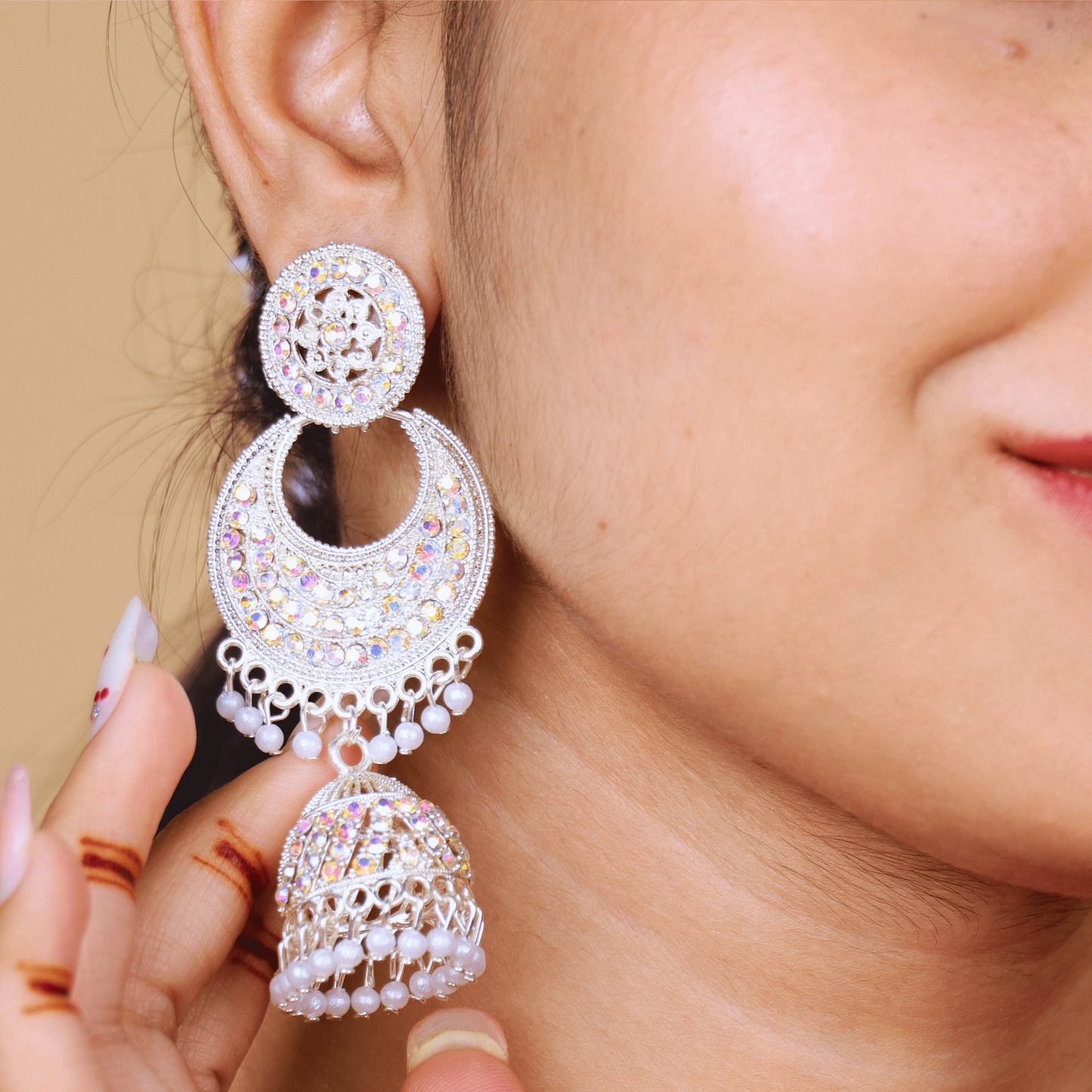 MIDAM™ Silver AD Studded Multicolour White Beads Drop Earrings.