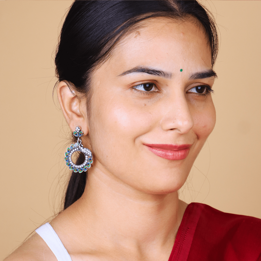 MIDAM™ Silver-toned AD Studded Circular Peacock Shaped Drop Earrings