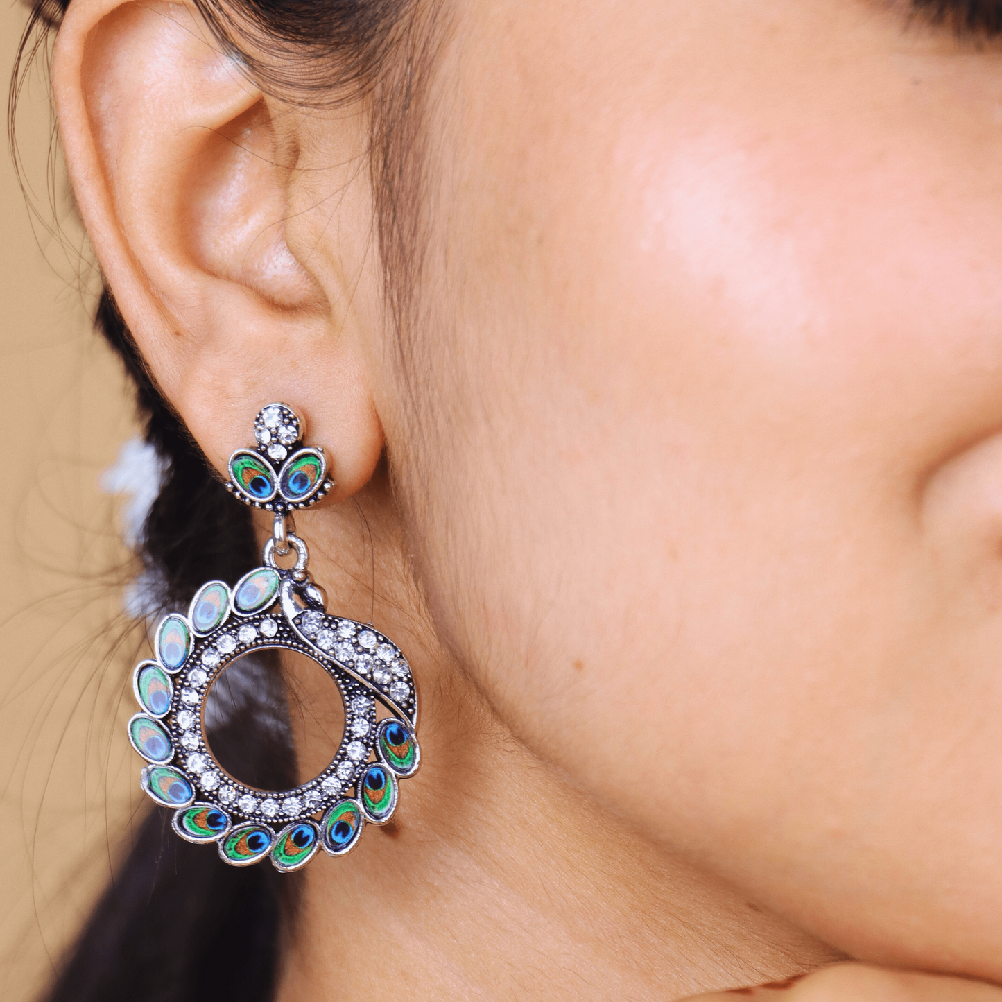 MIDAM™ Silver-toned AD Studded Circular Peacock Shaped Drop Earrings