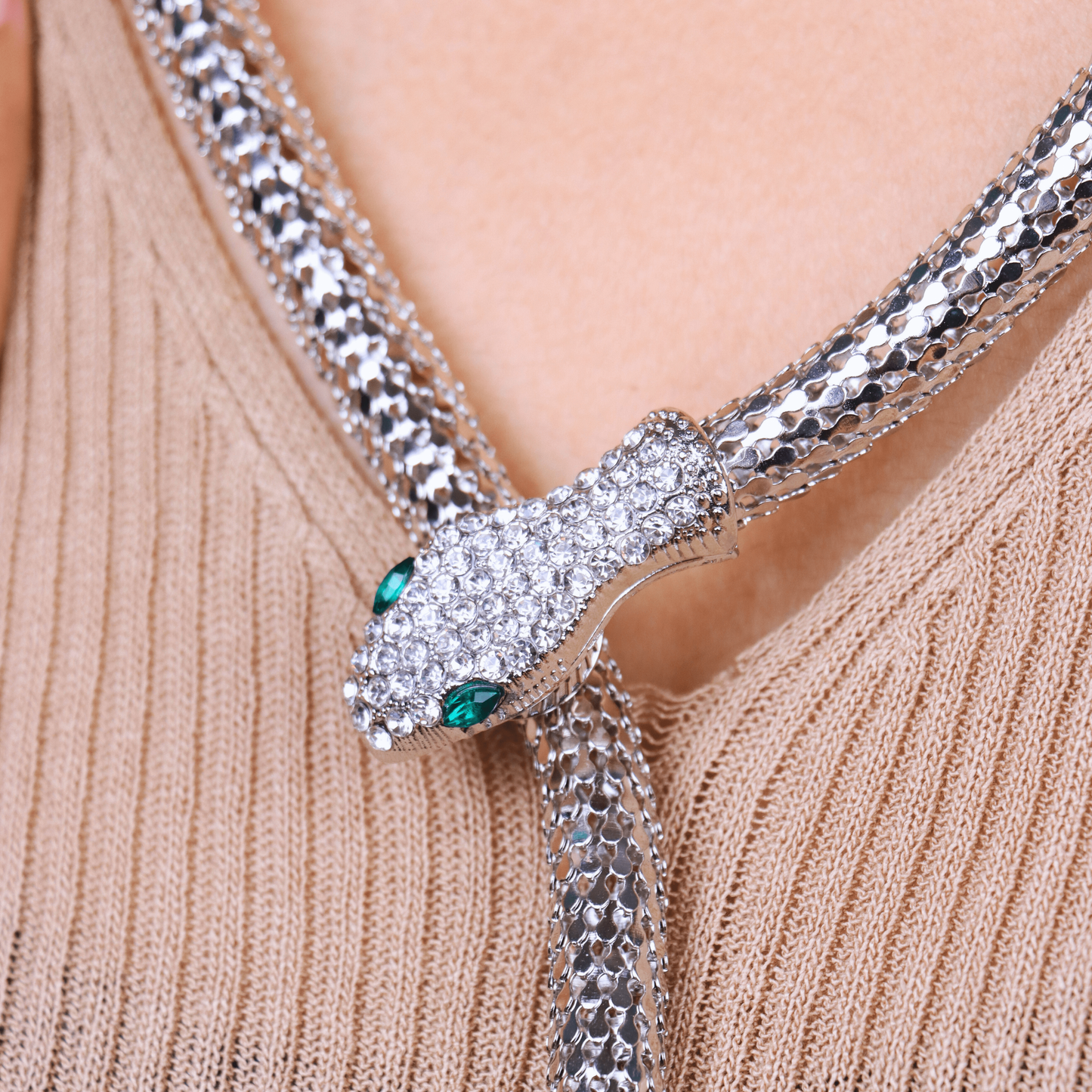 MIDAM™ Silver-Toned American Diamond Studded Wraparound Snake Design Necklace