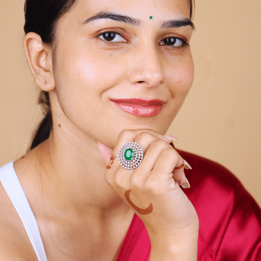 MIDAM™ Gold Toned American Diamond Studded Green Zirconia Finger Ring