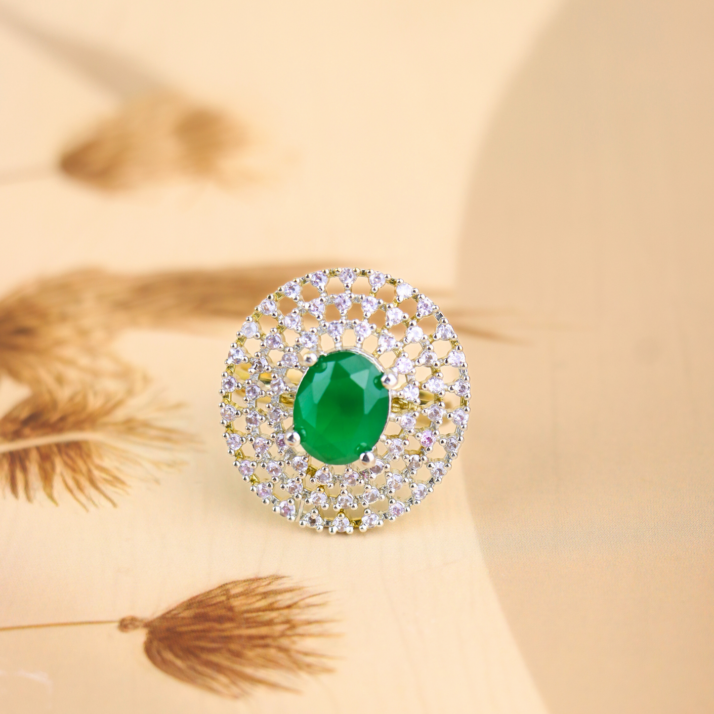 MIDAM™ Gold Toned American Diamond Studded Green Zirconia Finger Ring