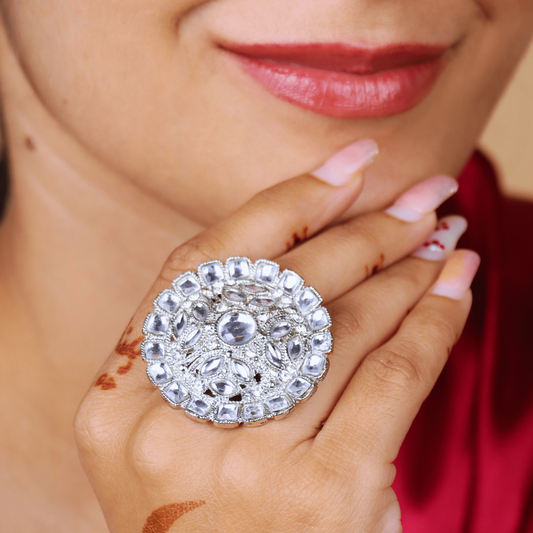 MIDAM™ Silver-Toned Stone Studded Finger Ring
