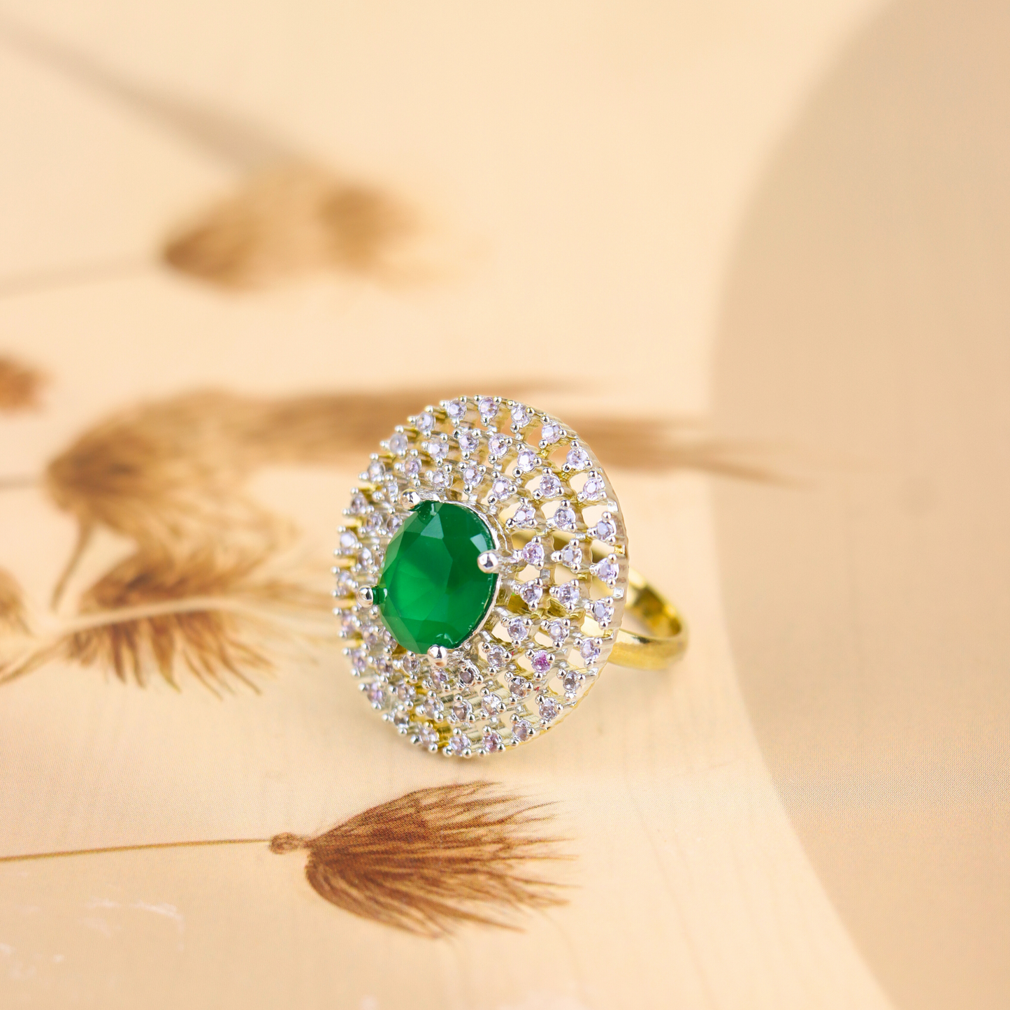 MIDAM™ Gold Toned American Diamond Studded Green Zirconia Finger Ring
