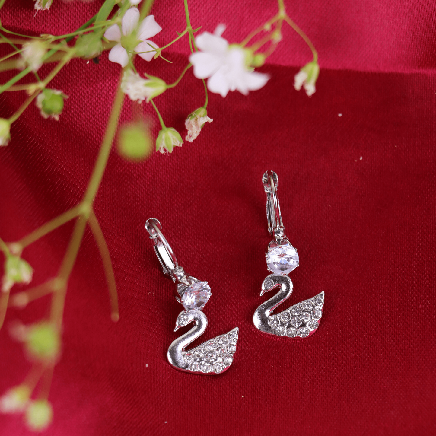 MIDAM™ Silver-Plated Zircon Studded Swan Drop Earrings
