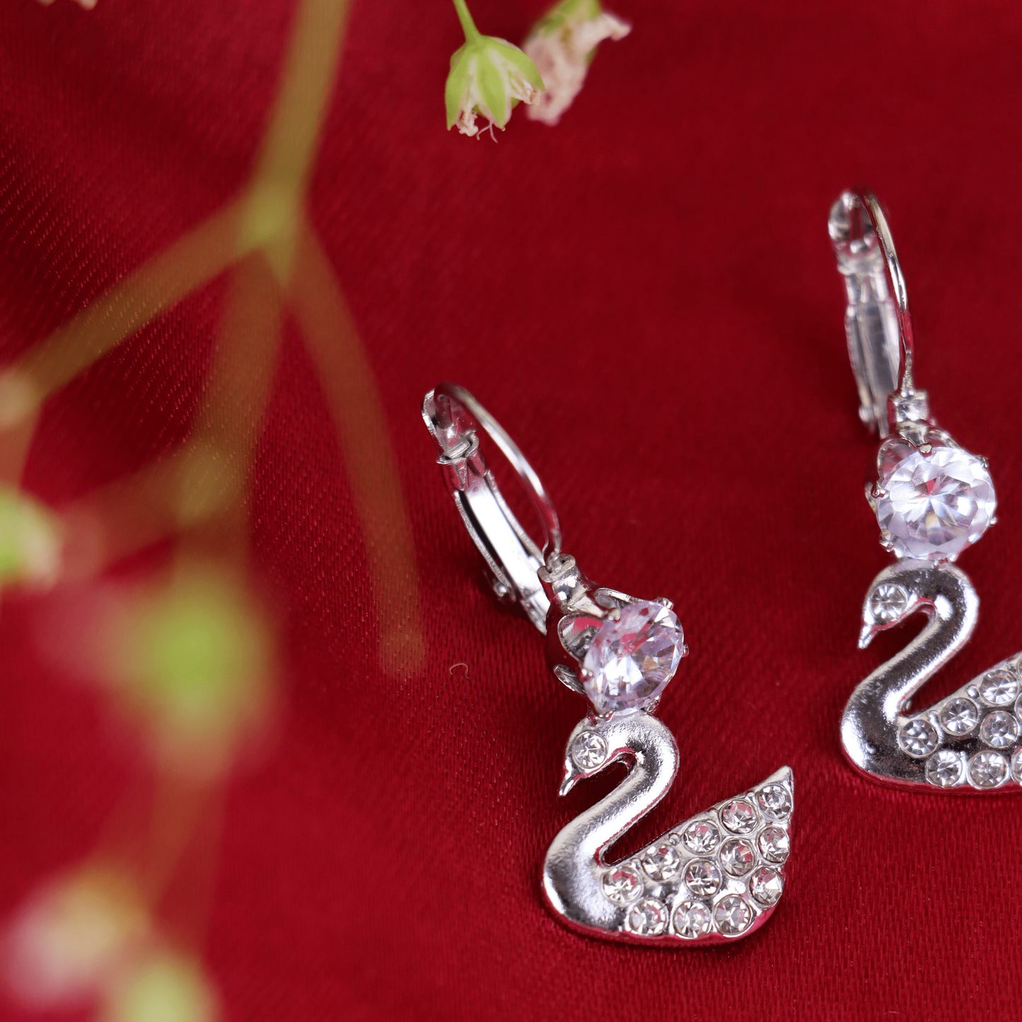 MIDAM™ Silver-Plated Zircon Studded Swan Drop Earrings