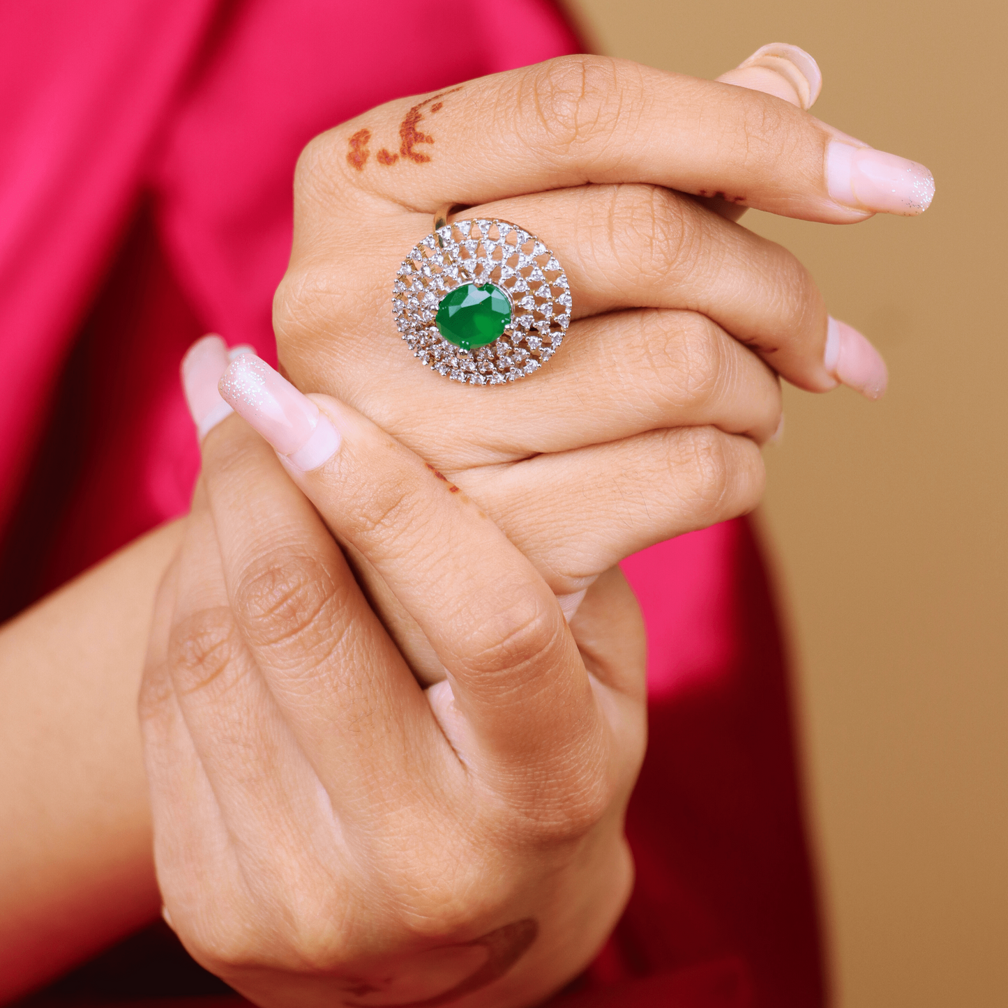 MIDAM™ Gold Toned American Diamond Studded Green Zirconia Finger Ring